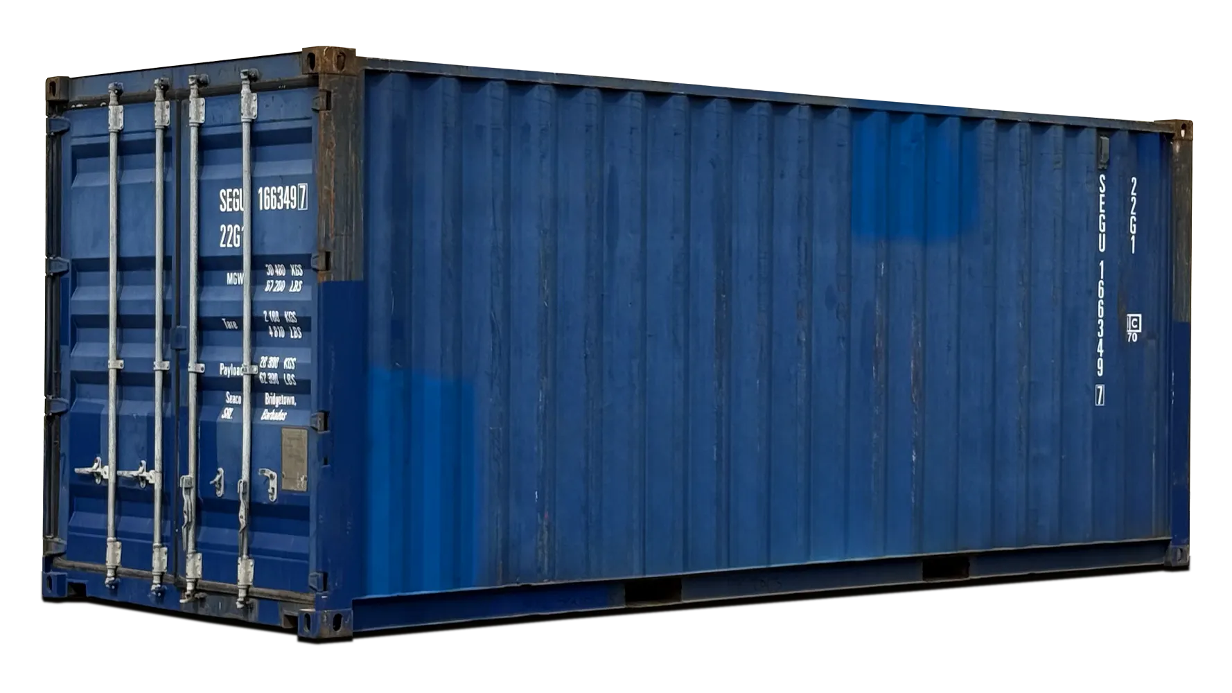 A 20 foot steel shipping container with double cargo doors